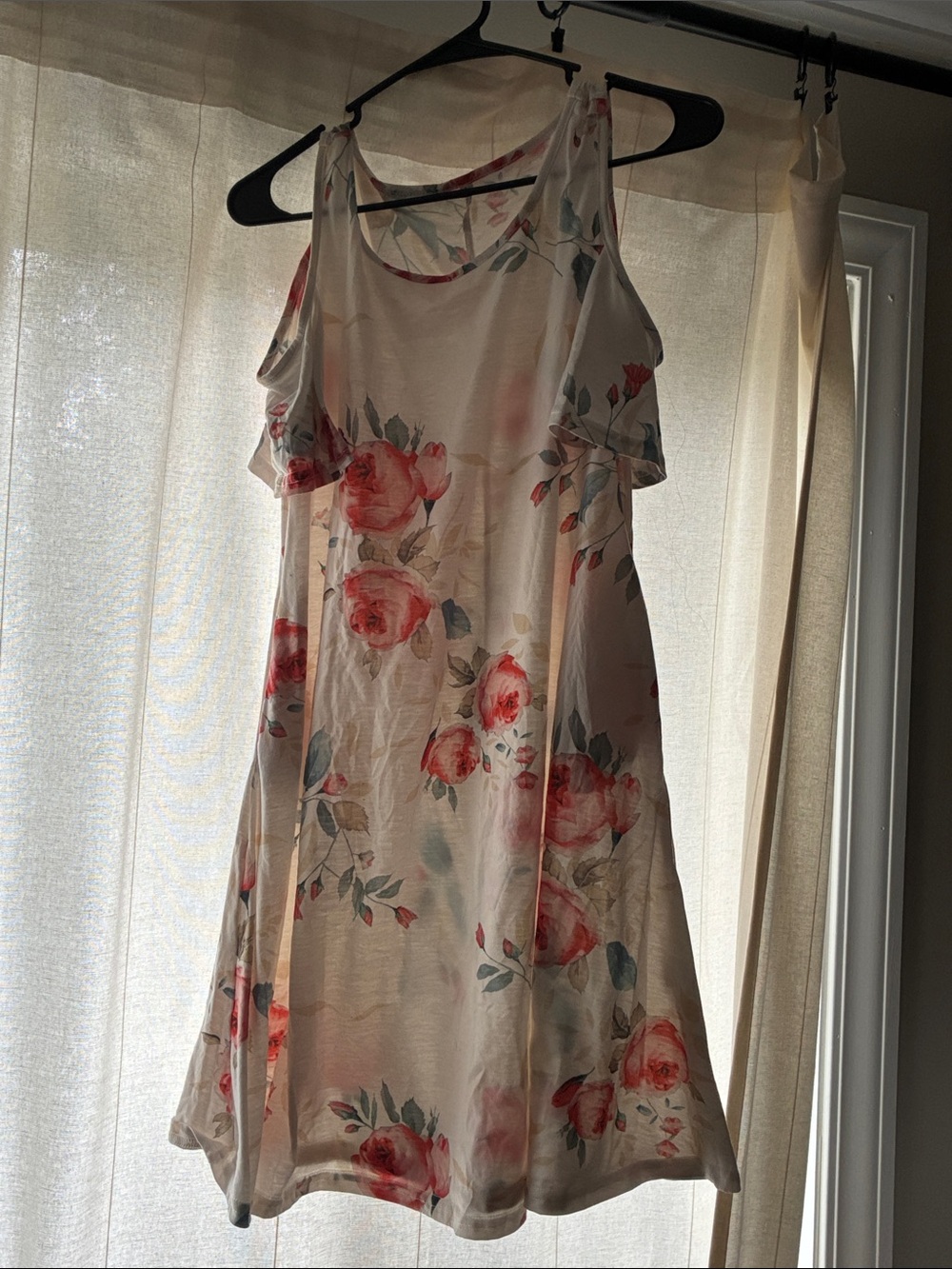 Cream Floral Cold-Shoulder Mini Dress with Pink Rose Print